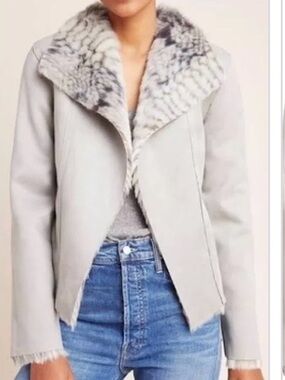 Faux Fur Lined Women's Jacket - Light Gray. Fully reversible. Suede and fur
